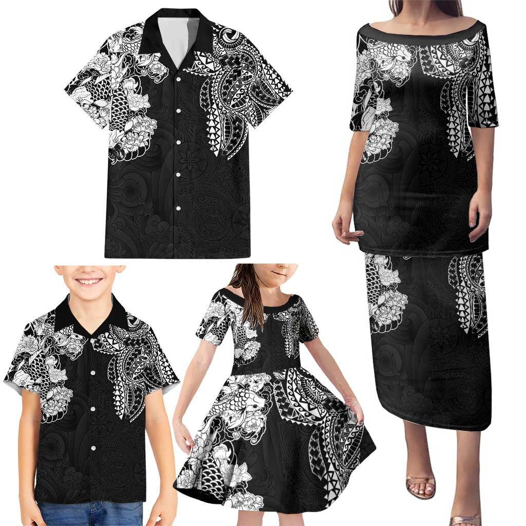 Japanese Irezumi and Hawaiian Polynesian Art Tattoo Family Matching Puletasi and Hawaiian Shirt Black Color - Polynesian Pride