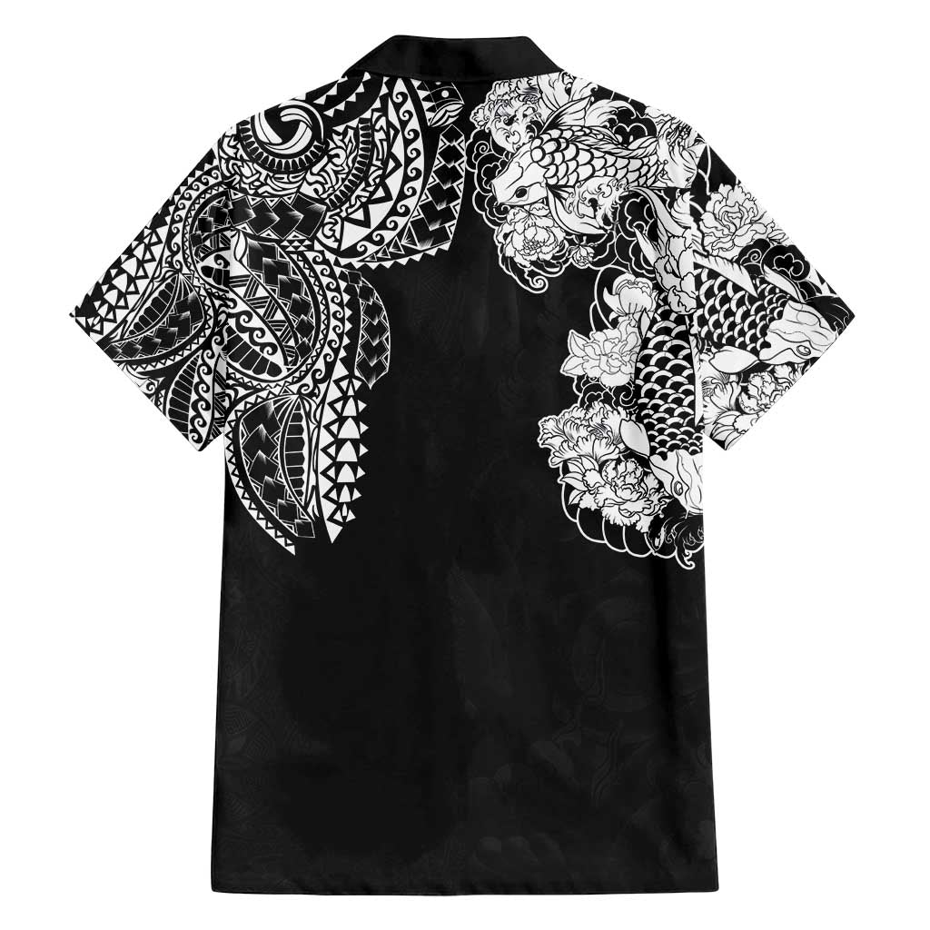 Japanese Irezumi and Hawaiian Polynesian Art Tattoo Family Matching Puletasi and Hawaiian Shirt Black Color - Polynesian Pride