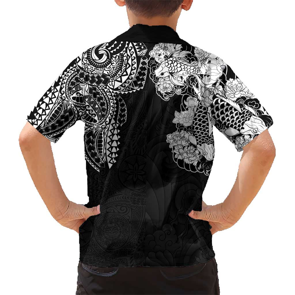 Japanese Irezumi and Hawaiian Polynesian Art Tattoo Family Matching Short Sleeve Bodycon Dress and Hawaiian Shirt Black Color LT03 - Polynesian Pride
