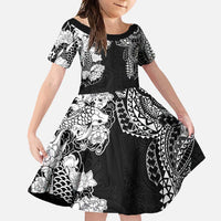 Japanese Irezumi and Hawaiian Polynesian Art Tattoo Family Matching Short Sleeve Bodycon Dress and Hawaiian Shirt Black Color LT03 Daughter's Dress Black - Polynesian Pride