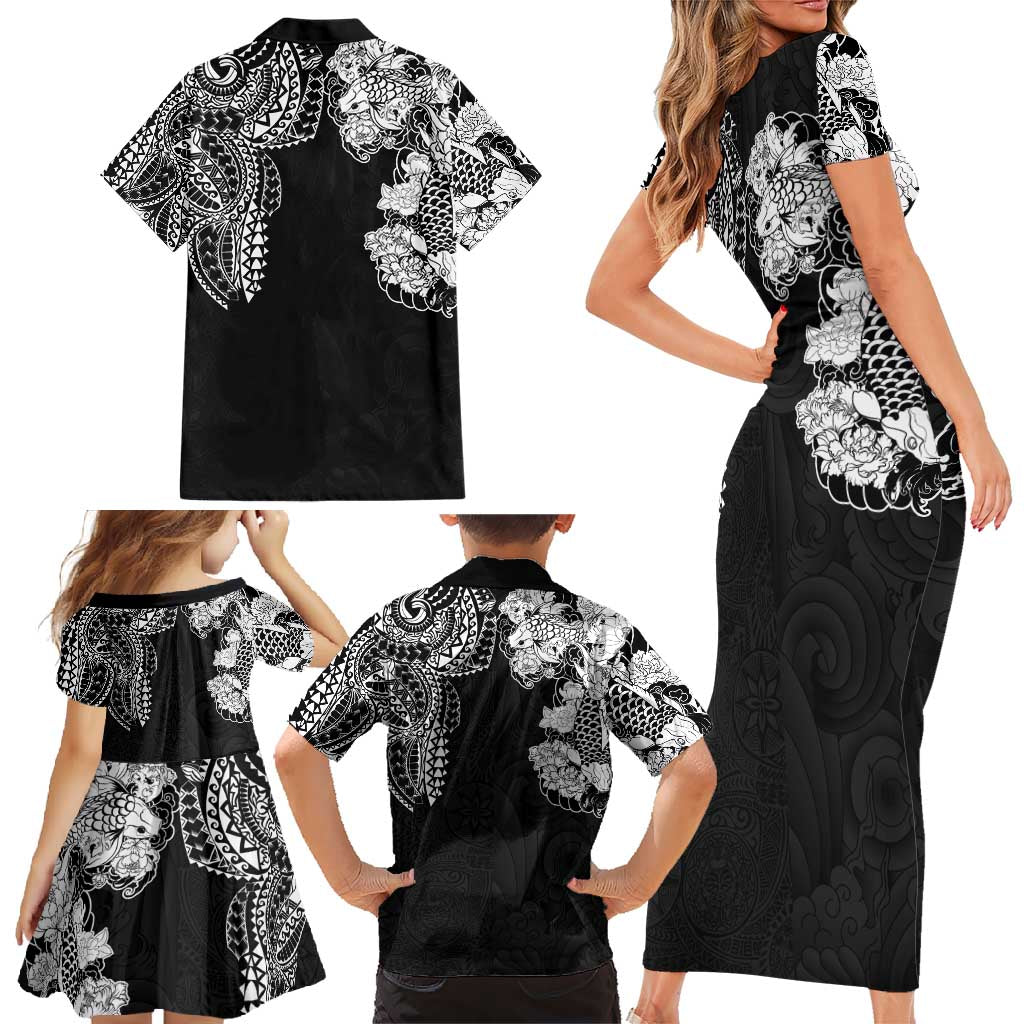 Japanese Irezumi and Hawaiian Polynesian Art Tattoo Family Matching Short Sleeve Bodycon Dress and Hawaiian Shirt Black Color LT03 - Polynesian Pride