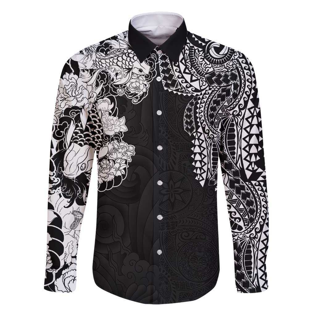 Japanese Irezumi and Hawaiian Polynesian Art Tattoo Family Matching Summer Maxi Dress and Hawaiian Shirt Black Color LT03 Dad's Shirt - Long Sleeve Black - Polynesian Pride