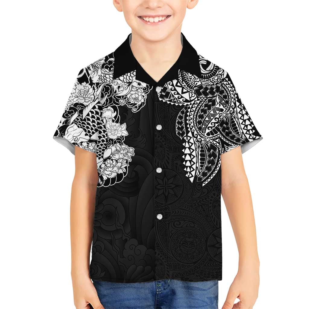Japanese Irezumi and Hawaiian Polynesian Art Tattoo Family Matching Summer Maxi Dress and Hawaiian Shirt Black Color LT03 Son's Shirt Black - Polynesian Pride