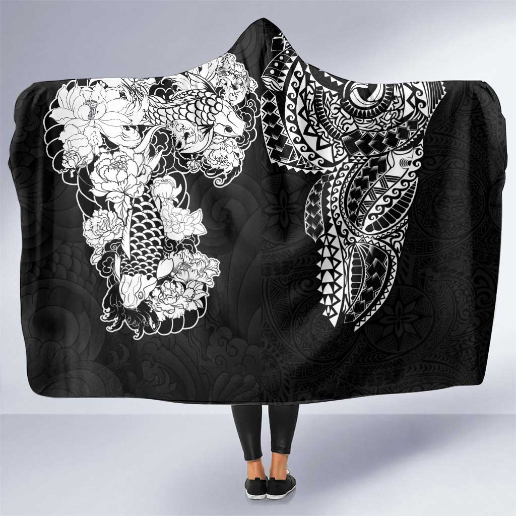 Japanese Irezumi and Hawaiian Polynesian Art Tattoo Hooded Blanket Black Color LT03 One Size Black - Polynesian Pride