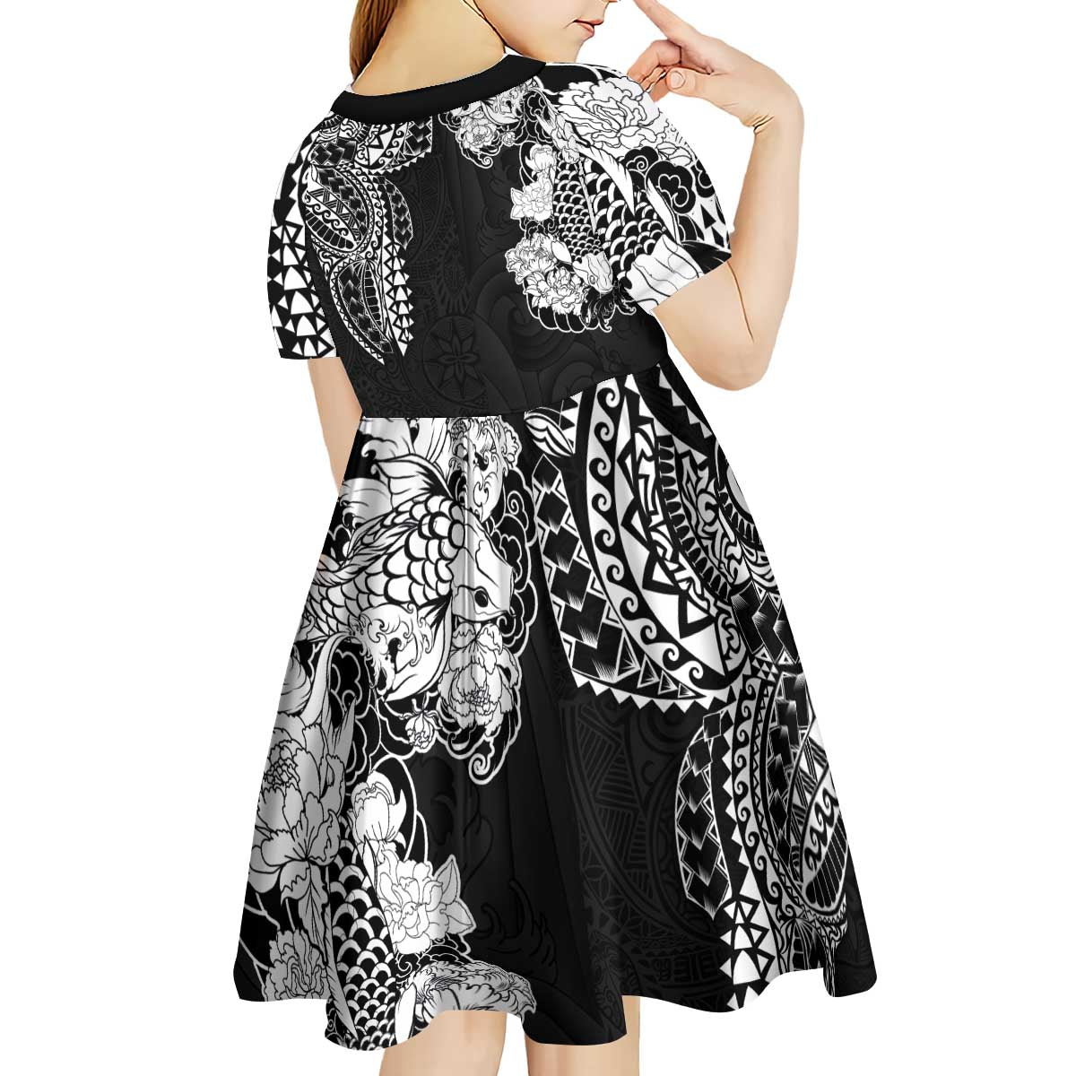 Japanese Irezumi and Hawaiian Polynesian Art Tattoo Kid Short Sleeve Dress Black Color - Polynesian Pride