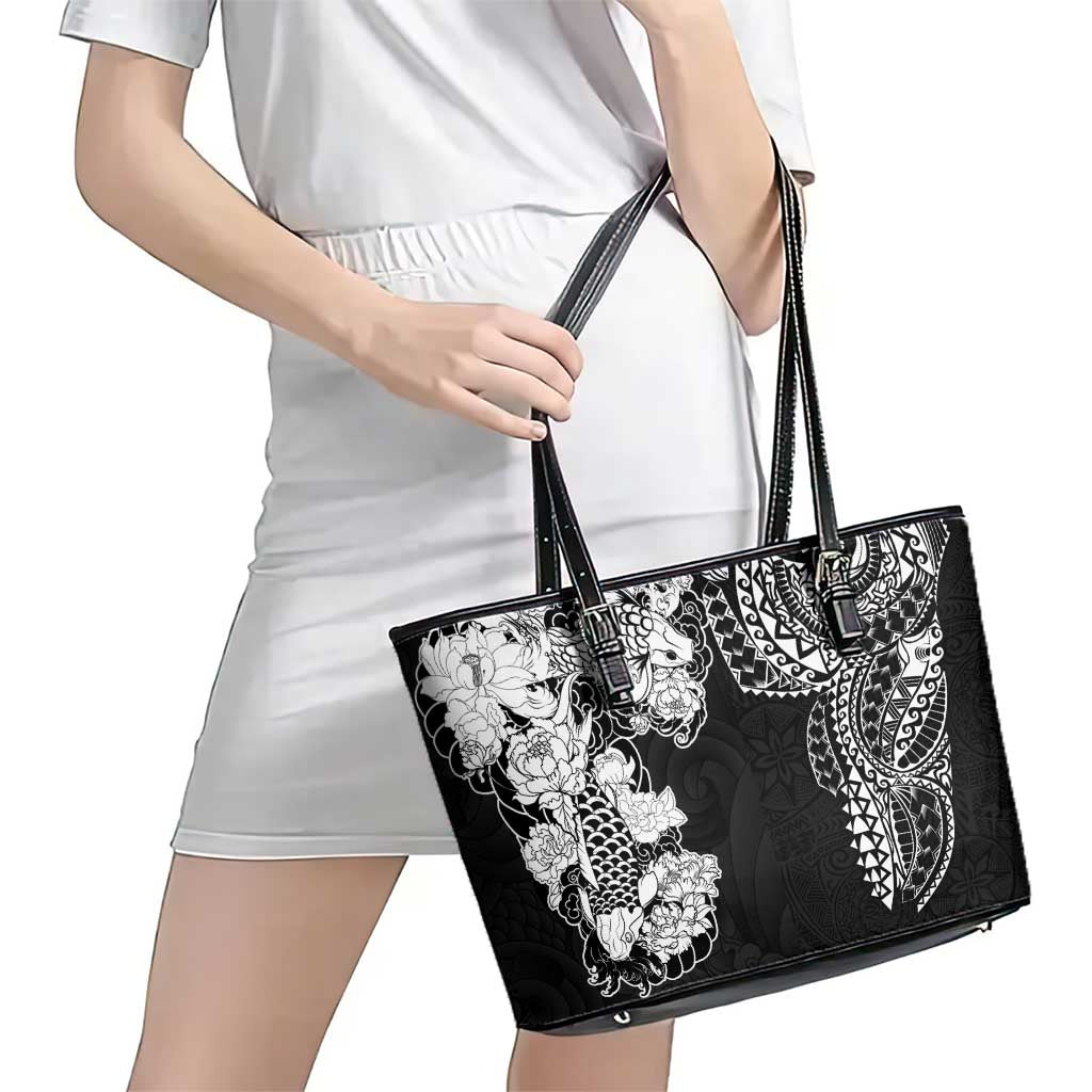Japanese Irezumi and Hawaiian Polynesian Art Tattoo Leather Tote Bag Black Color - Polynesian Pride