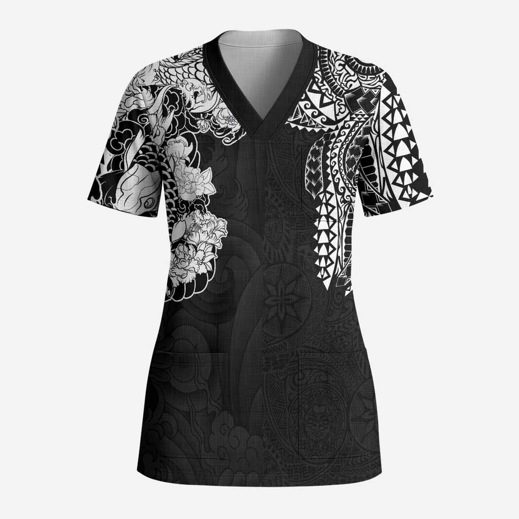 Japanese Irezumi and Hawaiian Polynesian Art Tattoo Scrub Top Black Color - Polynesian Pride