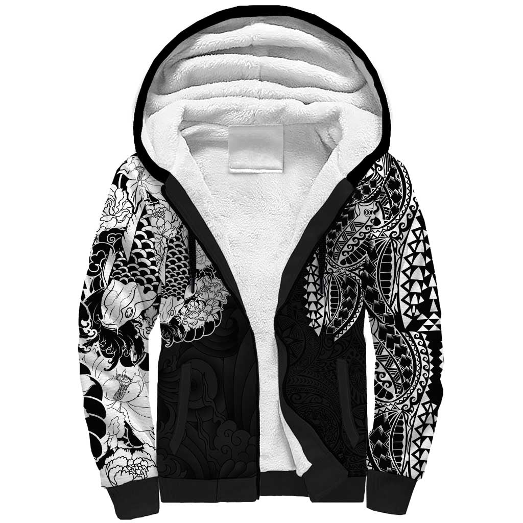 Japanese Irezumi and Hawaiian Polynesian Art Tattoo Sherpa Hoodie Black Color - Polynesian Pride