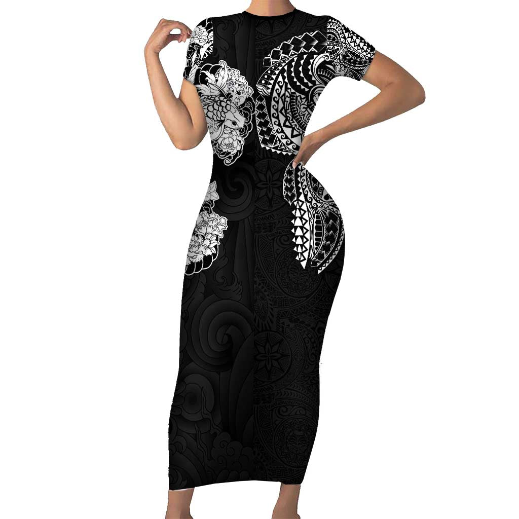 Japanese Irezumi and Hawaiian Polynesian Art Tattoo Short Sleeve Bodycon Dress Black Color - Polynesian Pride