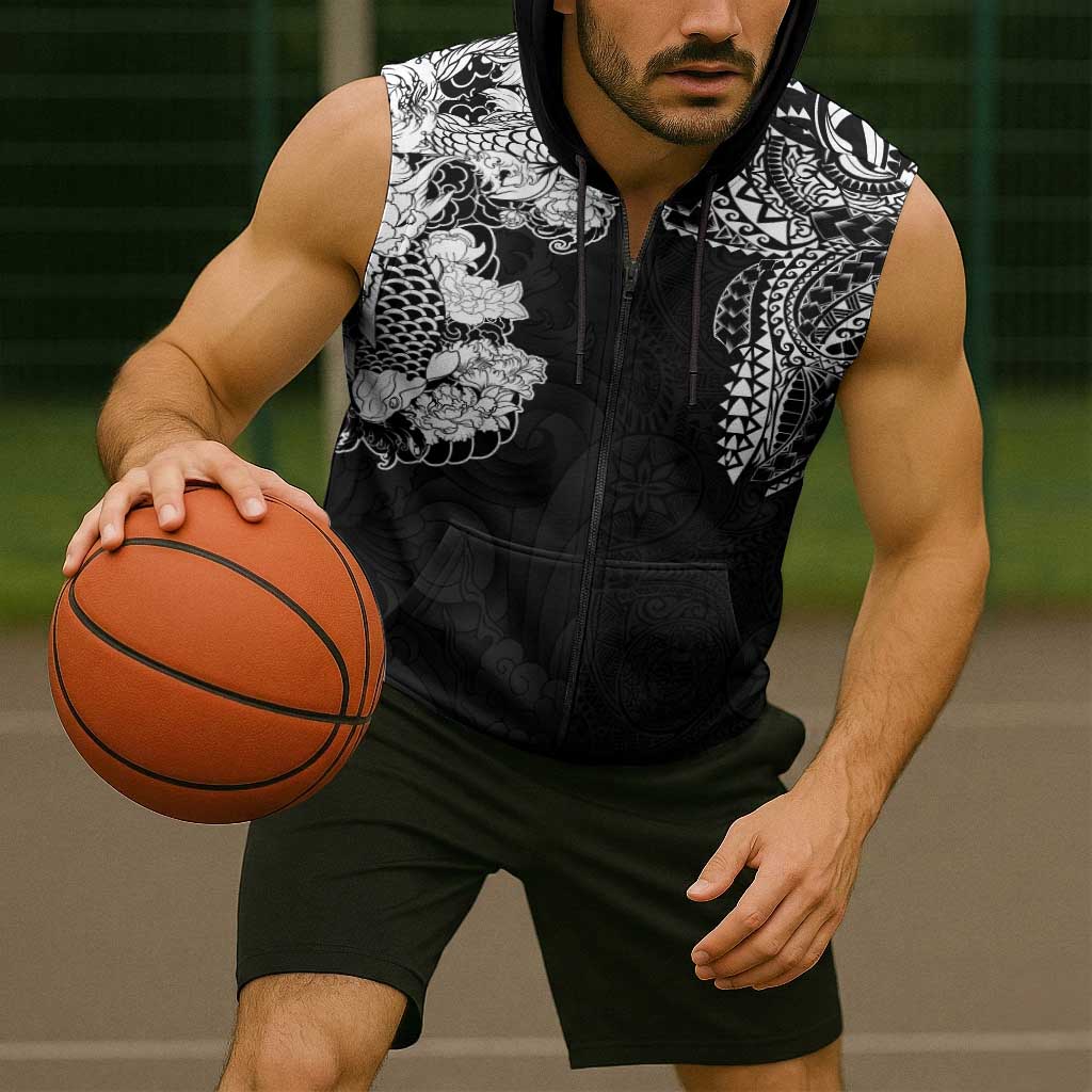 Japanese Irezumi and Hawaiian Polynesian Art Tattoo Sleeveless Zip Hoodie Black Color - Polynesian Pride