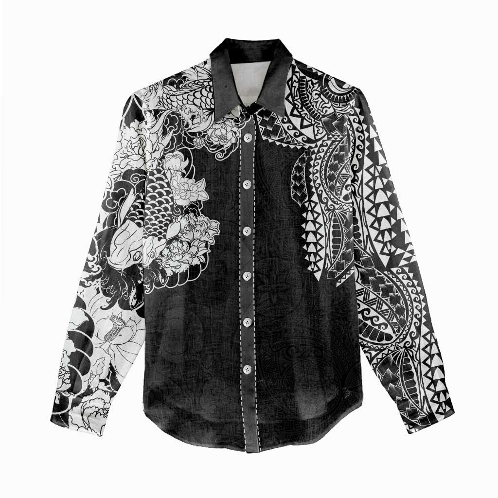 Japanese Irezumi and Hawaiian Polynesian Art Tattoo Women Casual Shirt Black Color - Polynesian Pride
