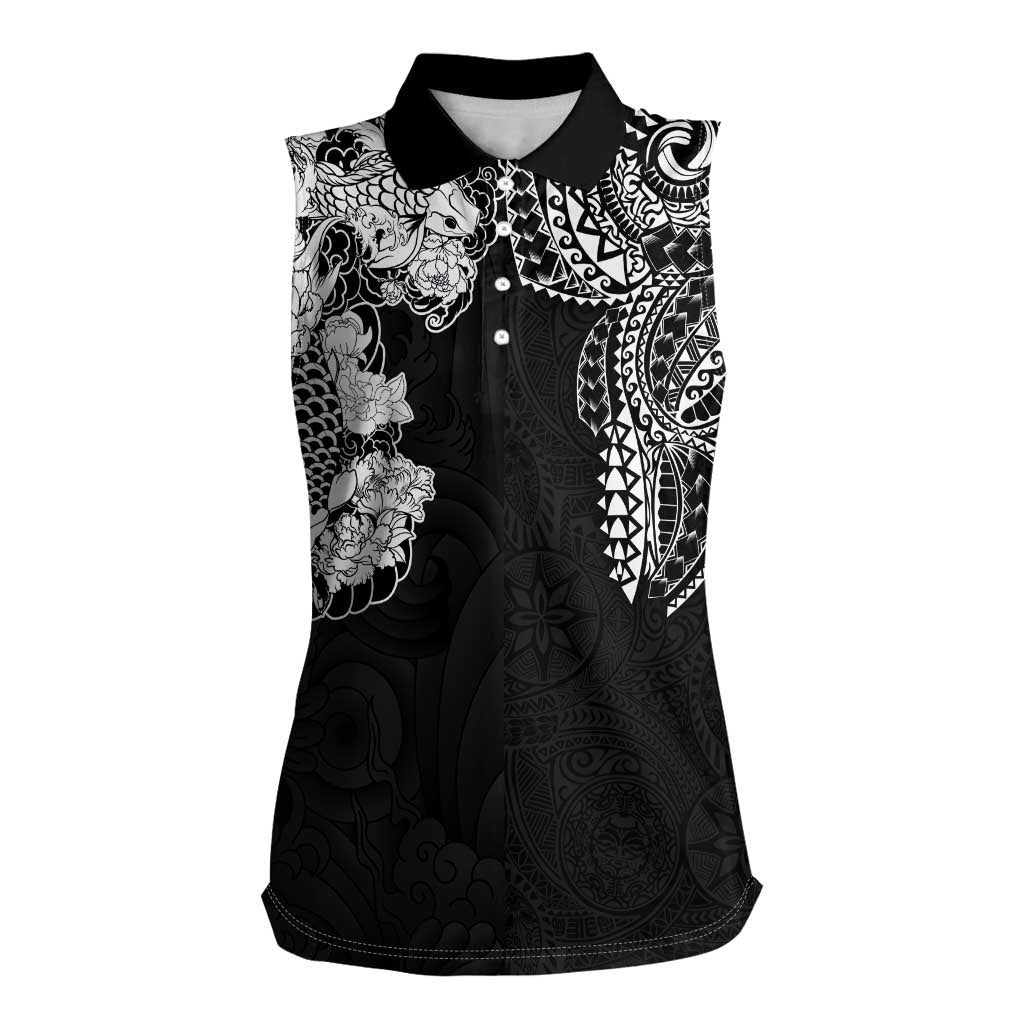Japanese Irezumi and Hawaiian Polynesian Art Tattoo Women Sleeveless Polo Shirt Black Color LT03 Female Black - Polynesian Pride