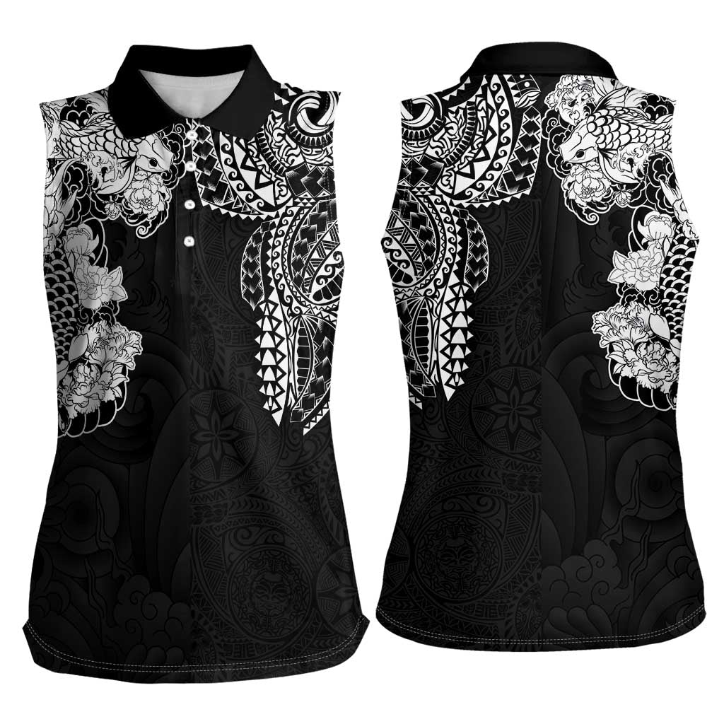 Japanese Irezumi and Hawaiian Polynesian Art Tattoo Women Sleeveless Polo Shirt Black Color LT03 - Polynesian Pride