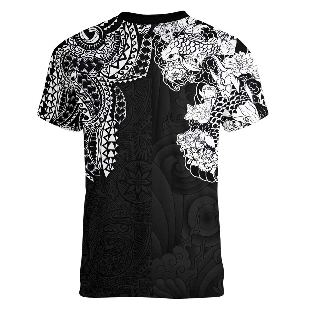 Japanese Irezumi and Hawaiian Polynesian Art Tattoo Women V-Neck T-Shirt Black Color LT03 - Polynesian Pride