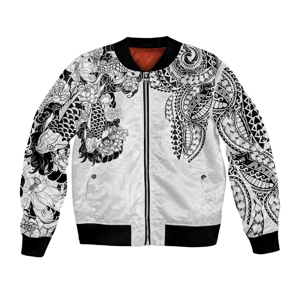 Japanese Irezumi and Hawaiian Polynesian Art Tattoo Bomber Jacket White Color LT03 Unisex White - Polynesian Pride