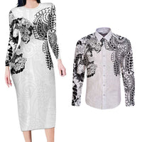 Japanese Irezumi and Hawaiian Polynesian Art Tattoo Couples Matching Long Sleeve Bodycon Dress and Long Sleeve Button Shirt White Color LT03 White - Polynesian Pride
