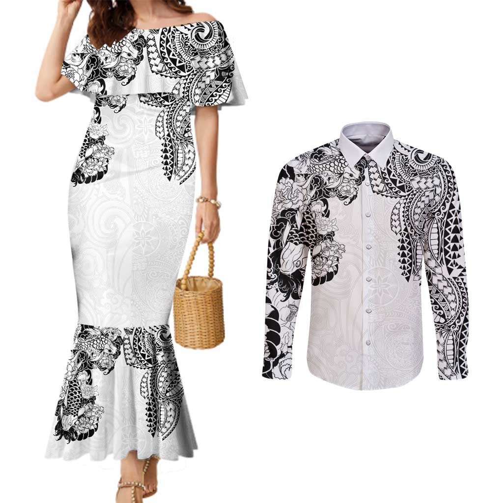 Japanese Irezumi and Hawaiian Polynesian Art Tattoo Couples Matching Mermaid Dress and Long Sleeve Button Shirt White Color - Polynesian Pride