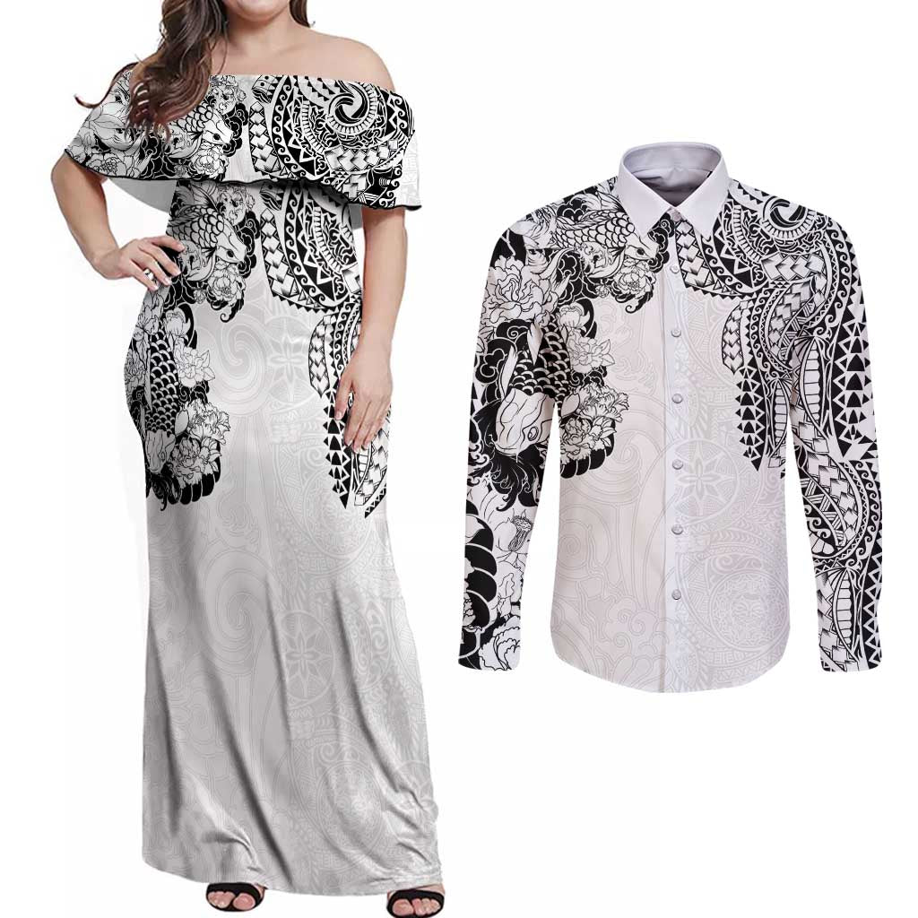Japanese Irezumi and Hawaiian Polynesian Art Tattoo Couples Matching Off Shoulder Maxi Dress and Long Sleeve Button Shirt White Color LT03 White - Polynesian Pride