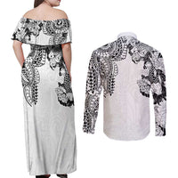Japanese Irezumi and Hawaiian Polynesian Art Tattoo Couples Matching Off Shoulder Maxi Dress and Long Sleeve Button Shirt White Color LT03 - Polynesian Pride