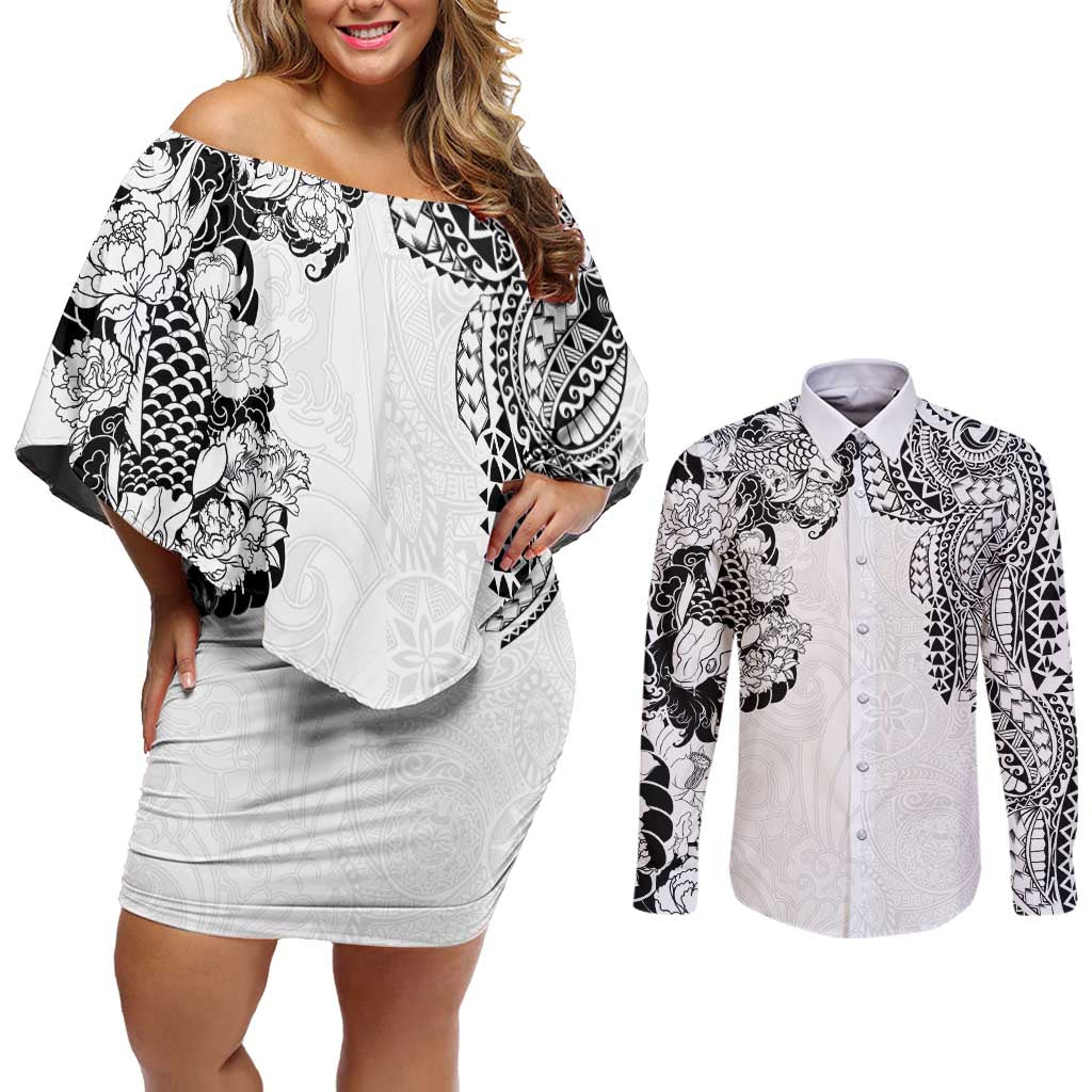 Japanese Irezumi and Hawaiian Polynesian Art Tattoo Couples Matching Off Shoulder Short Dress and Long Sleeve Button Shirt White Color - Polynesian Pride