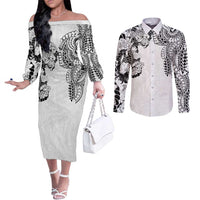 Japanese Irezumi and Hawaiian Polynesian Art Tattoo Couples Matching Off The Shoulder Long Sleeve Dress and Long Sleeve Button Shirt White Color LT03 White - Polynesian Pride