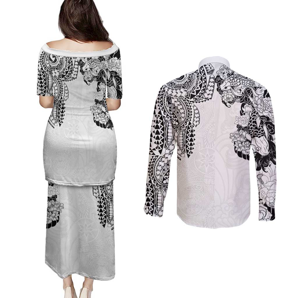 Japanese Irezumi and Hawaiian Polynesian Art Tattoo Couples Matching Puletasi and Long Sleeve Button Shirt White Color LT03 - Polynesian Pride