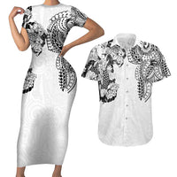 Japanese Irezumi and Hawaiian Polynesian Art Tattoo Couples Matching Short Sleeve Bodycon Dress and Hawaiian Shirt White Color LT03 White - Polynesian Pride