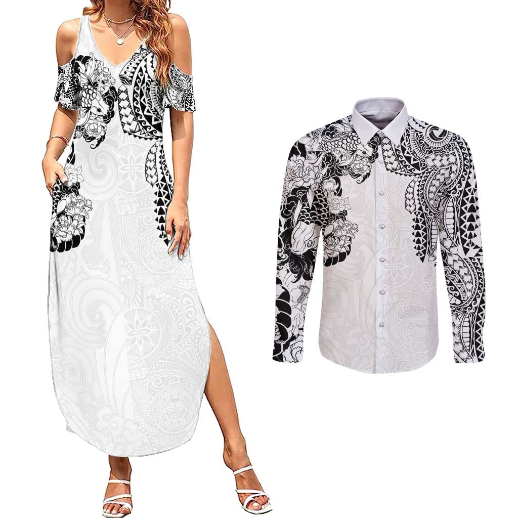 Japanese Irezumi and Hawaiian Polynesian Art Tattoo Couples Matching Summer Maxi Dress and Long Sleeve Button Shirt White Color LT03 White - Polynesian Pride