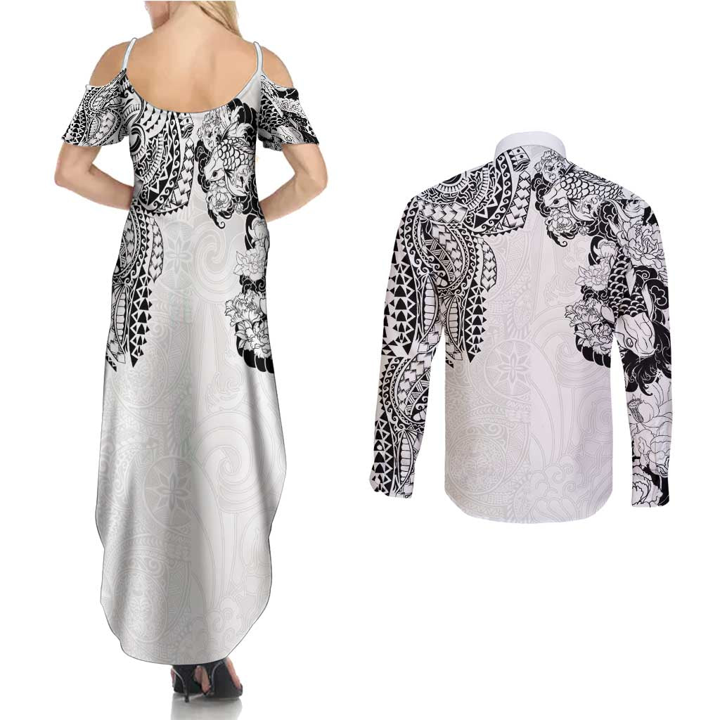 Japanese Irezumi and Hawaiian Polynesian Art Tattoo Couples Matching Summer Maxi Dress and Long Sleeve Button Shirt White Color LT03 - Polynesian Pride