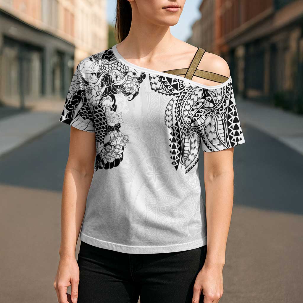 Japanese Irezumi and Hawaiian Polynesian Art Tattoo Cross Shoulder Shirt White Color - Polynesian Pride