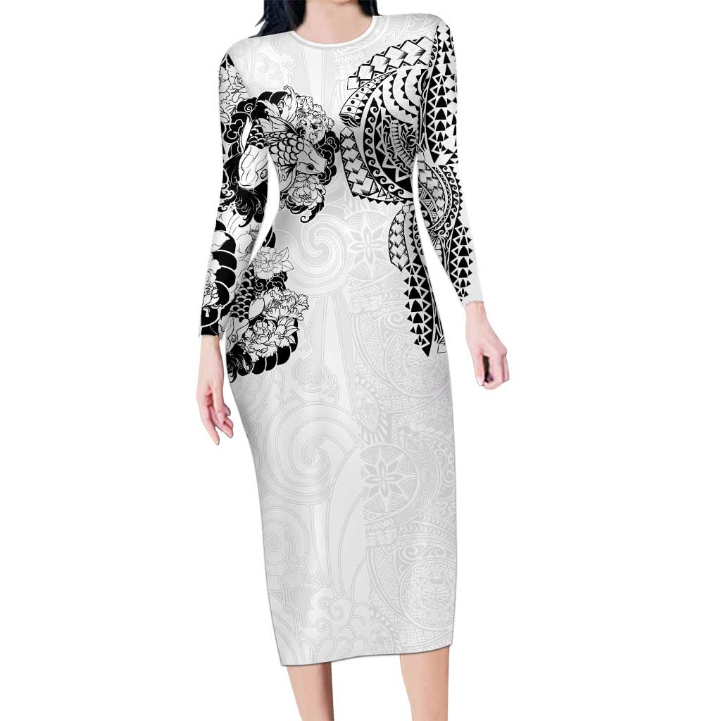 Japanese Irezumi and Hawaiian Polynesian Art Tattoo Family Matching Long Sleeve Bodycon Dress and Hawaiian Shirt White Color LT03 Mom's Dress White - Polynesian Pride