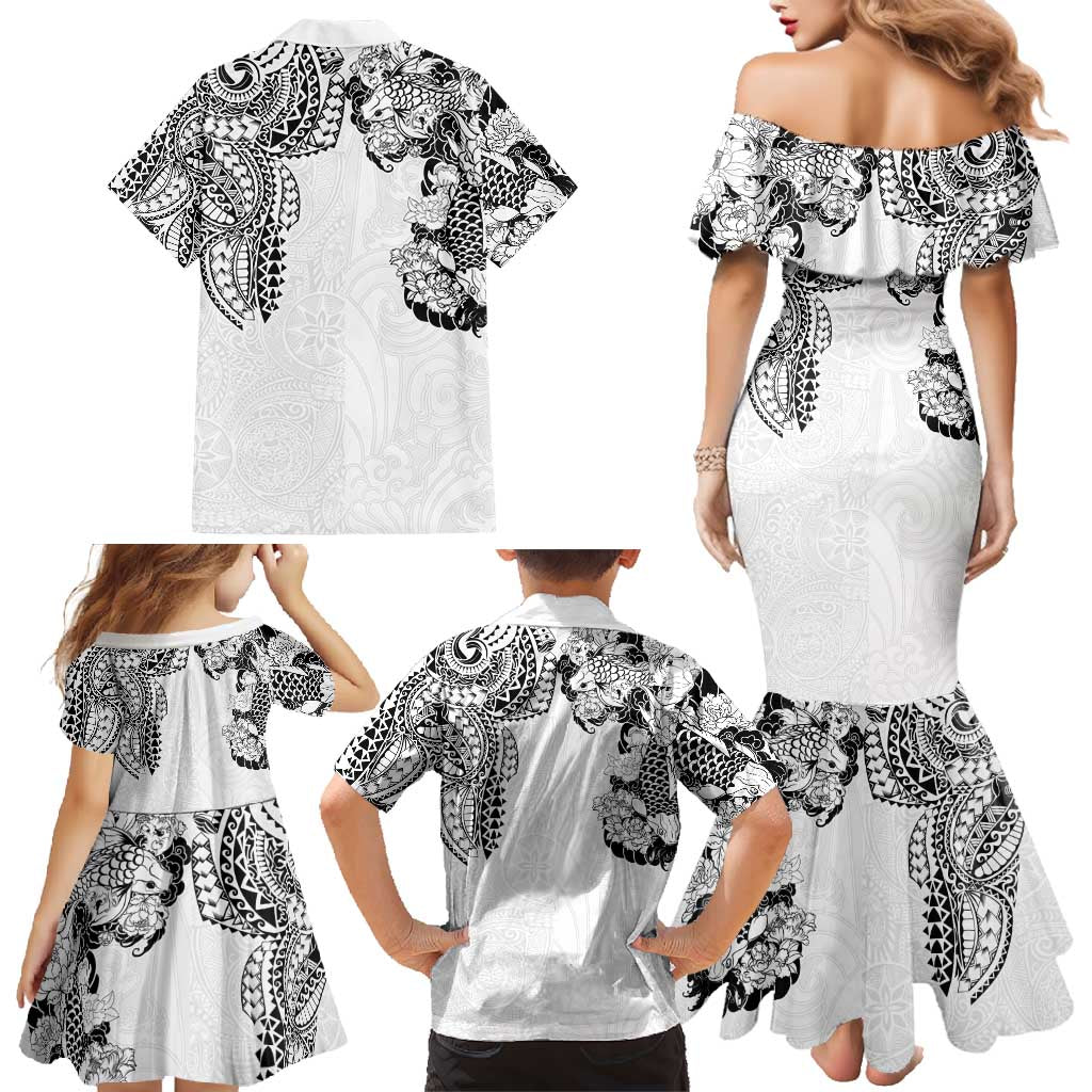 Japanese Irezumi and Hawaiian Polynesian Art Tattoo Family Matching Mermaid Dress and Hawaiian Shirt White Color LT03 - Polynesian Pride