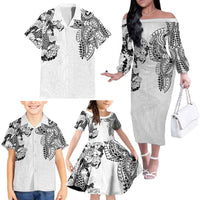 Japanese Irezumi and Hawaiian Polynesian Art Tattoo Family Matching Off The Shoulder Long Sleeve Dress and Hawaiian Shirt White Color LT03 - Polynesian Pride