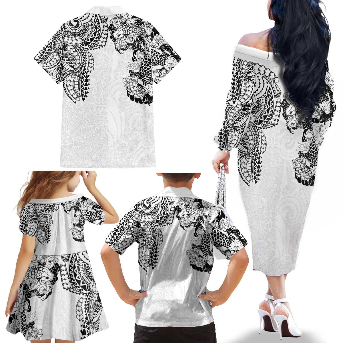 Japanese Irezumi and Hawaiian Polynesian Art Tattoo Family Matching Off The Shoulder Long Sleeve Dress and Hawaiian Shirt White Color LT03 - Polynesian Pride