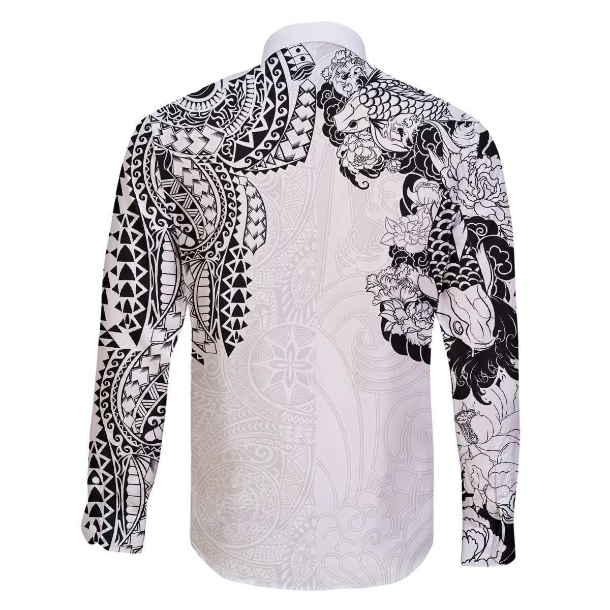 Japanese Irezumi and Hawaiian Polynesian Art Tattoo Family Matching Off The Shoulder Long Sleeve Dress and Hawaiian Shirt White Color LT03 - Polynesian Pride