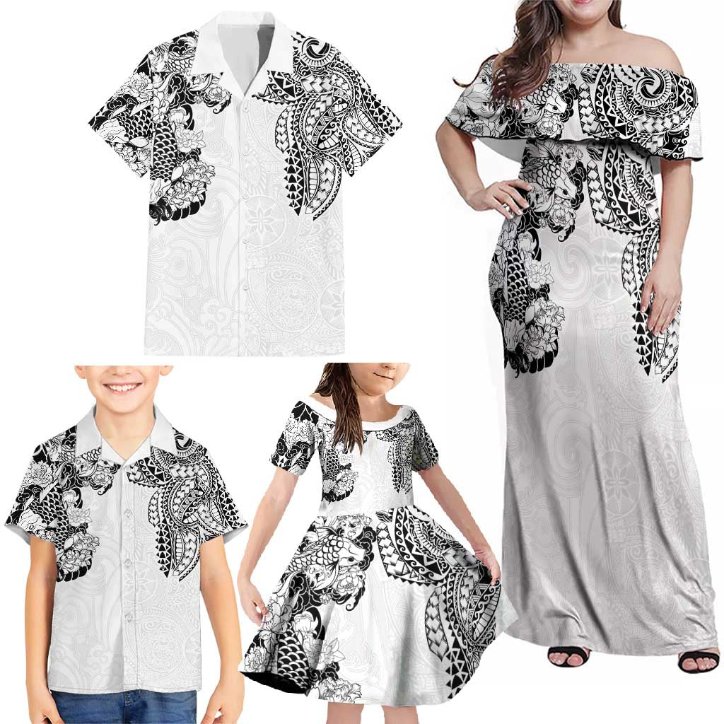 Japanese Irezumi and Hawaiian Polynesian Art Tattoo Family Matching Off Shoulder Maxi Dress and Hawaiian Shirt White Color LT03 - Polynesian Pride