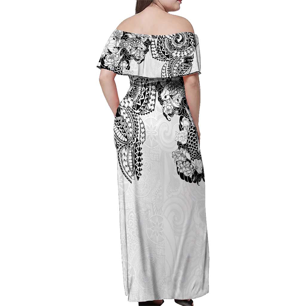 Japanese Irezumi and Hawaiian Polynesian Art Tattoo Family Matching Off Shoulder Maxi Dress and Hawaiian Shirt White Color LT03 - Polynesian Pride