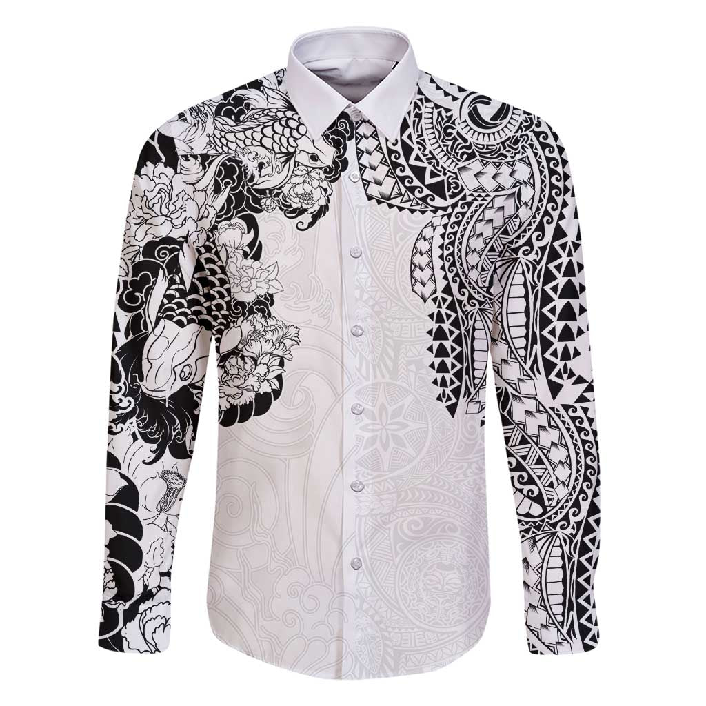 Japanese Irezumi and Hawaiian Polynesian Art Tattoo Family Matching Off Shoulder Short Dress and Hawaiian Shirt White Color LT03 Dad's Shirt - Long Sleeve White - Polynesian Pride