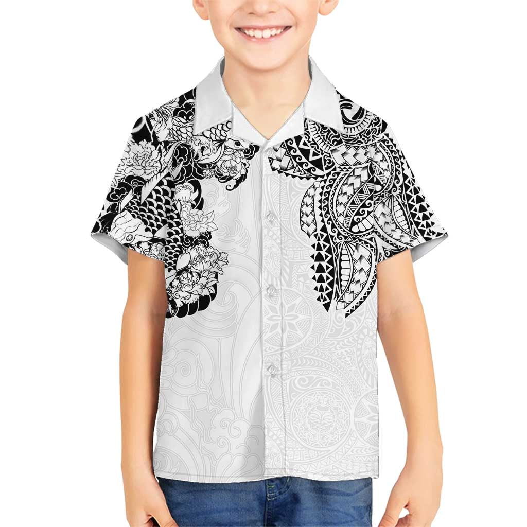 Japanese Irezumi and Hawaiian Polynesian Art Tattoo Family Matching Off Shoulder Short Dress and Hawaiian Shirt White Color LT03 Son's Shirt White - Polynesian Pride