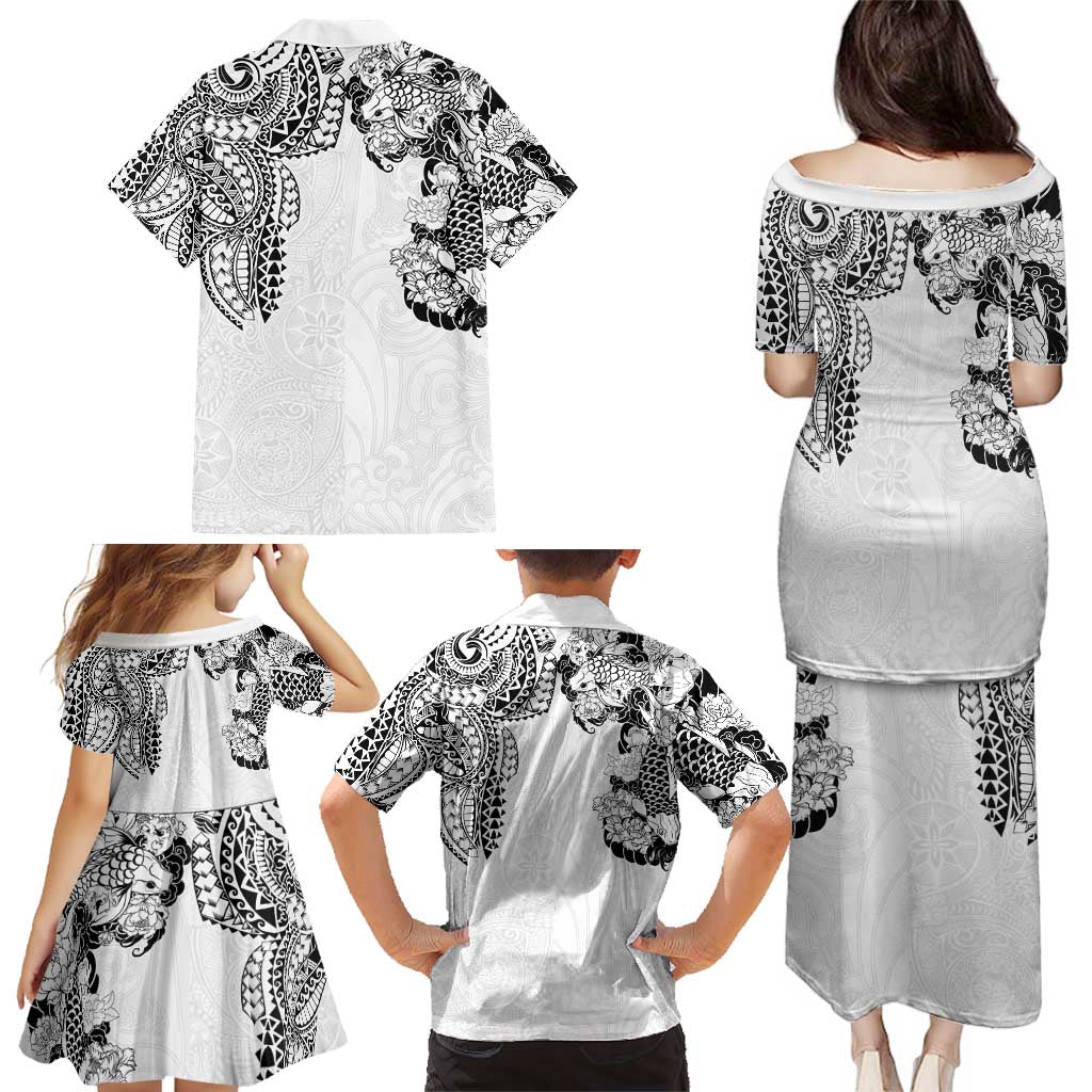 Japanese Irezumi and Hawaiian Polynesian Art Tattoo Family Matching Puletasi and Hawaiian Shirt White Color LT03 - Polynesian Pride