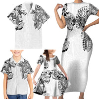 Japanese Irezumi and Hawaiian Polynesian Art Tattoo Family Matching Short Sleeve Bodycon Dress and Hawaiian Shirt White Color LT03 - Polynesian Pride