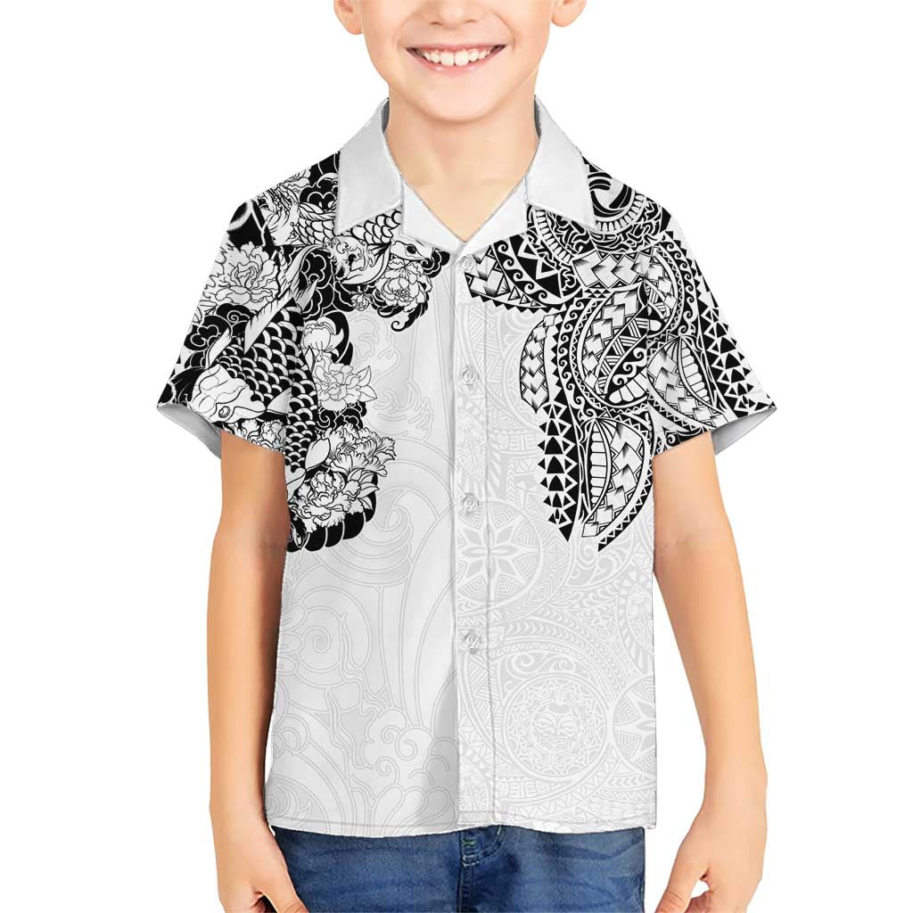 Japanese Irezumi and Hawaiian Polynesian Art Tattoo Family Matching Short Sleeve Bodycon Dress and Hawaiian Shirt White Color LT03 Son's Shirt White - Polynesian Pride