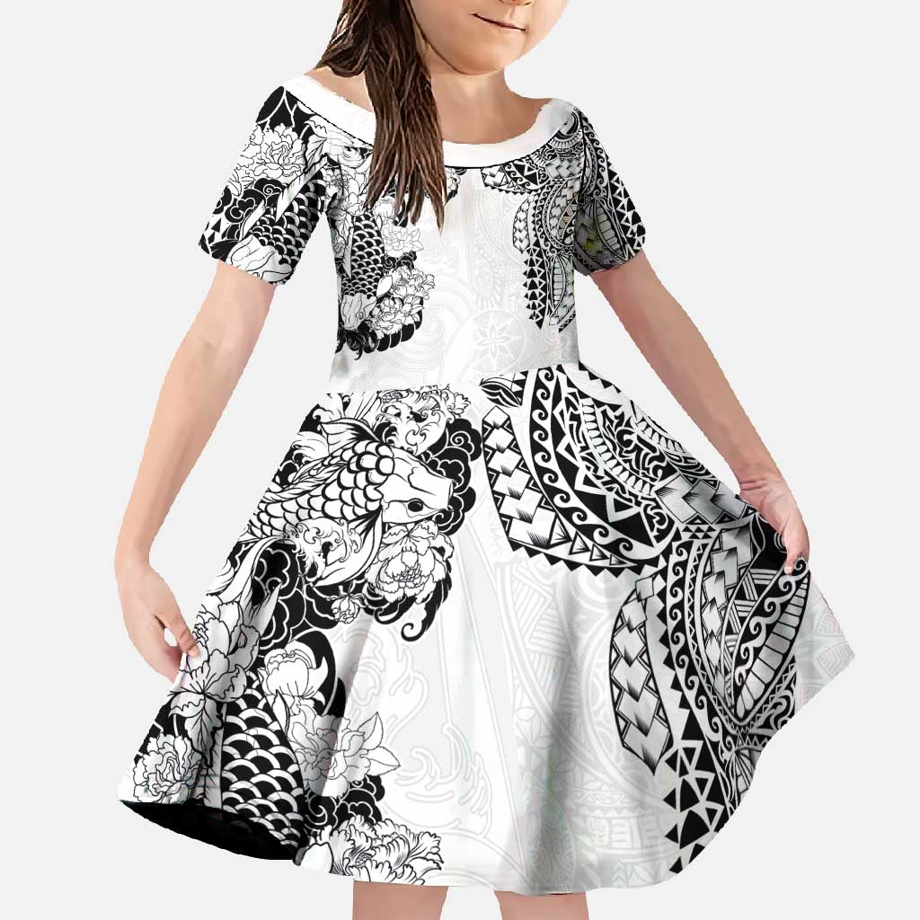 Japanese Irezumi and Hawaiian Polynesian Art Tattoo Family Matching Summer Maxi Dress and Hawaiian Shirt White Color LT03 Daughter's Dress White - Polynesian Pride