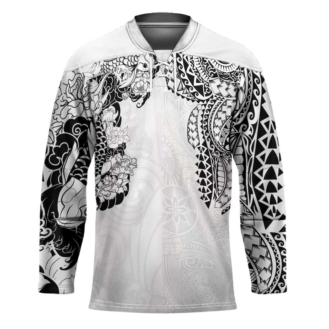Japanese Irezumi and Hawaiian Polynesian Art Tattoo Hockey Jersey White Color - Polynesian Pride