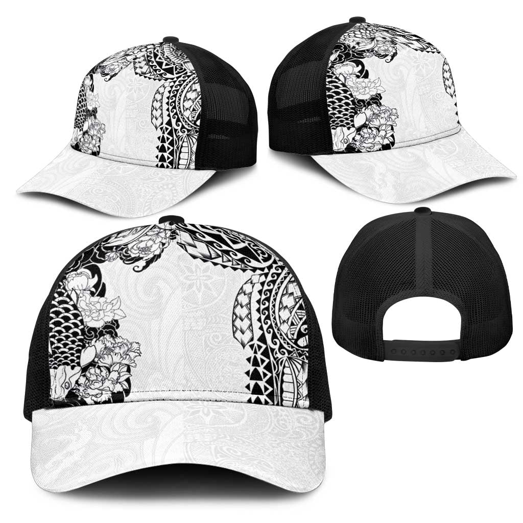 Japanese Irezumi and Hawaiian Polynesian Art Tattoo Mesh Trucker Cap White Color - Polynesian Pride