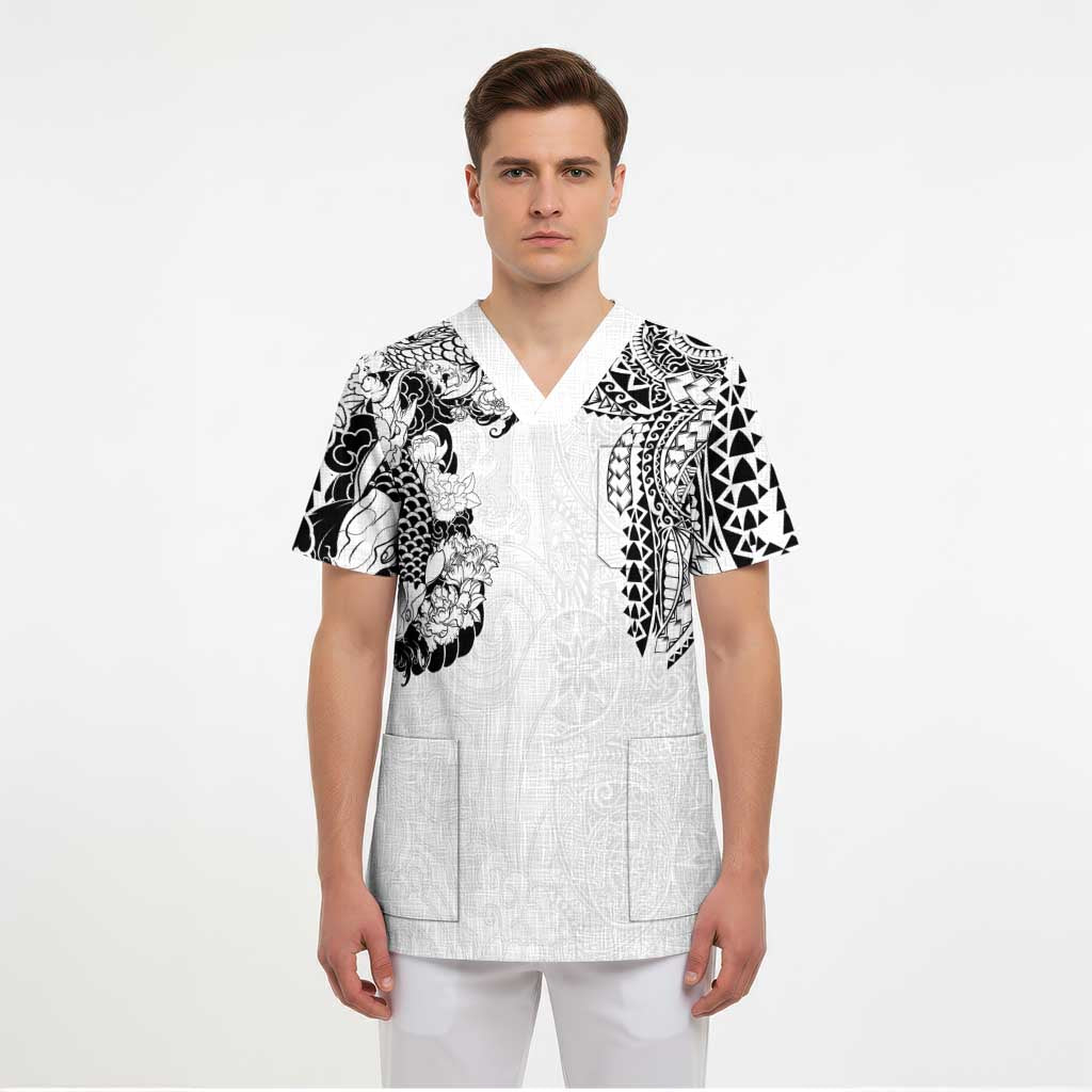 Japanese Irezumi and Hawaiian Polynesian Art Tattoo Scrub Top White Color - Polynesian Pride