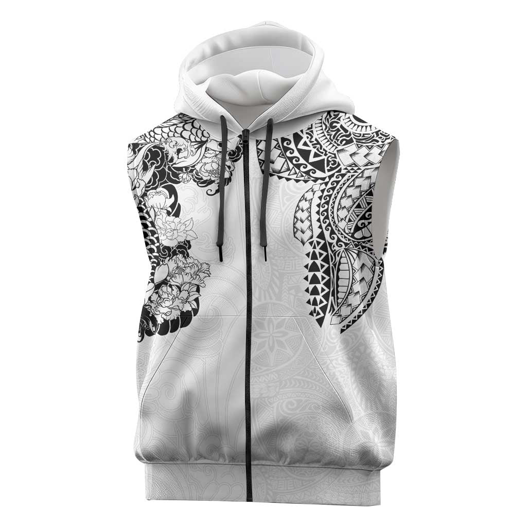 Japanese Irezumi and Hawaiian Polynesian Art Tattoo Sleeveless Zip Hoodie White Color - Polynesian Pride