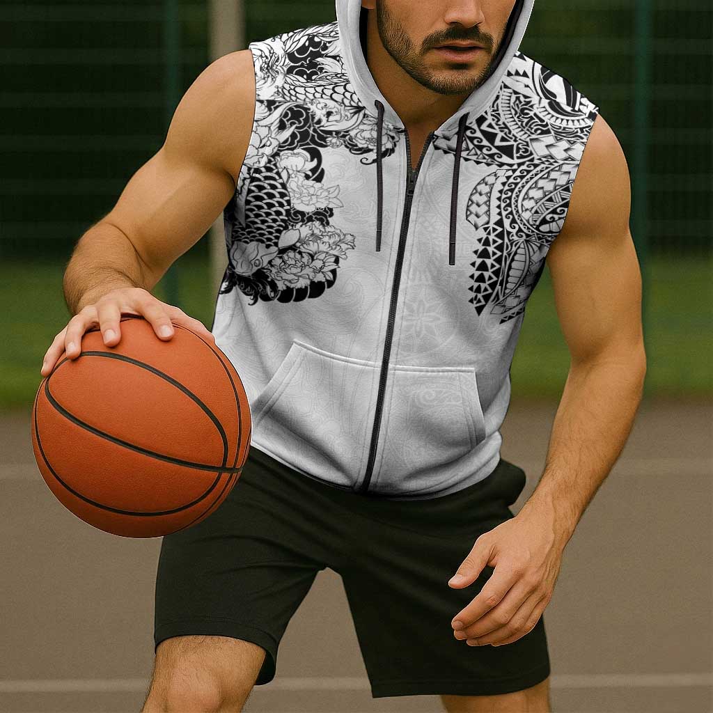 Japanese Irezumi and Hawaiian Polynesian Art Tattoo Sleeveless Zip Hoodie White Color - Polynesian Pride