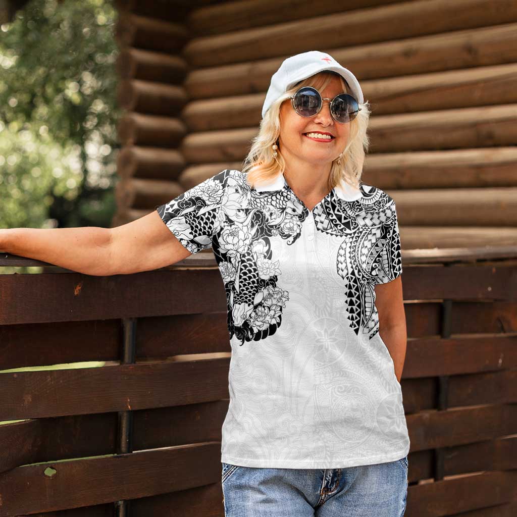 Japanese Irezumi and Hawaiian Polynesian Art Tattoo Women Polo Shirt White Color - Polynesian Pride