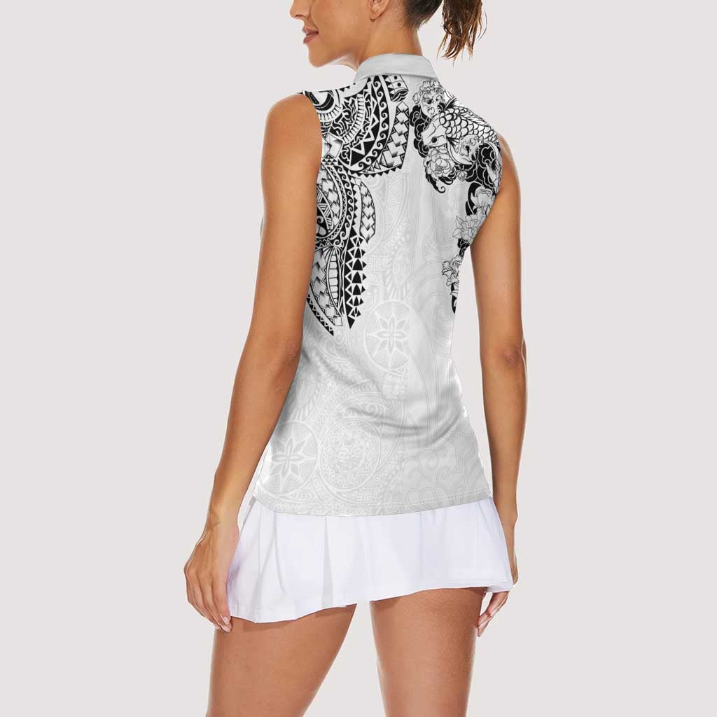 Japanese Irezumi and Hawaiian Polynesian Art Tattoo Women Sleeveless Polo Shirt White Color LT03 - Polynesian Pride